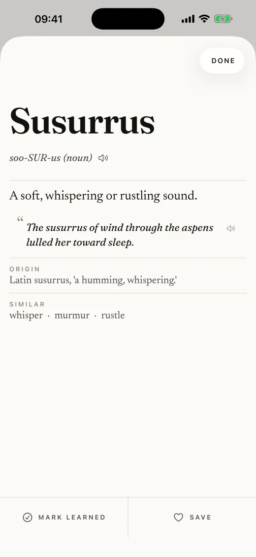 A WordRise entry with a speaker control beside the headword and another beside the example sentence