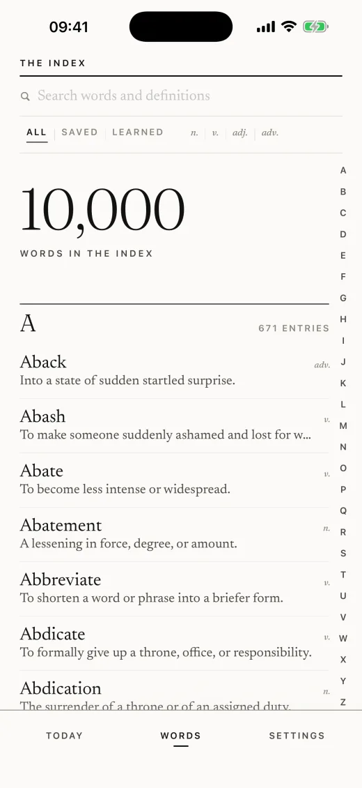 The WordRise index, a scrolling alphabetical list of headwords with a thumb index cut into the edge of the page