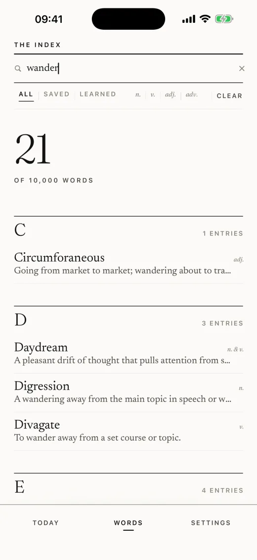 WordRise search results for a query, listing entries with their definitions