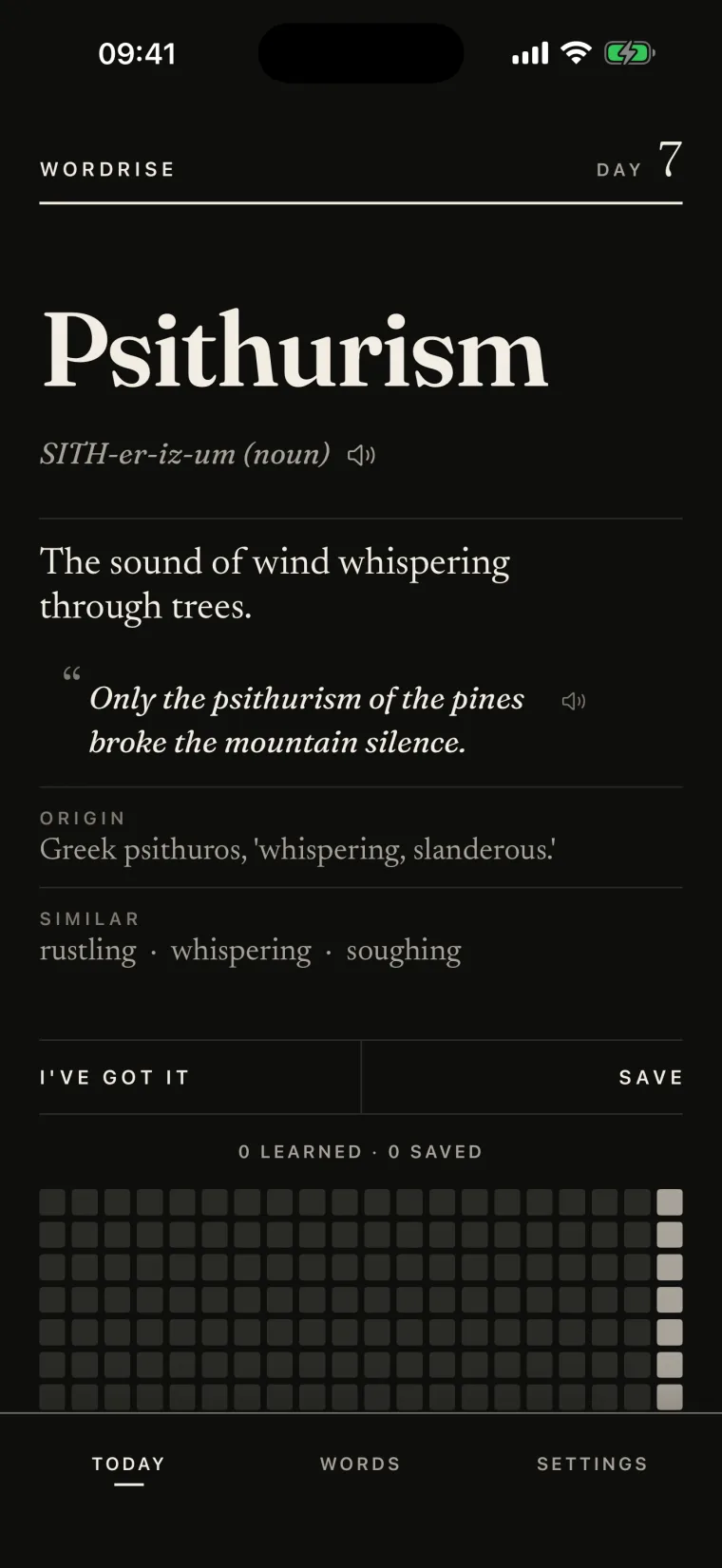 The WordRise daily page in dark appearance, showing the headword Psithurism, its pronunciation, definition, an example sentence, an origin note and a reading grid