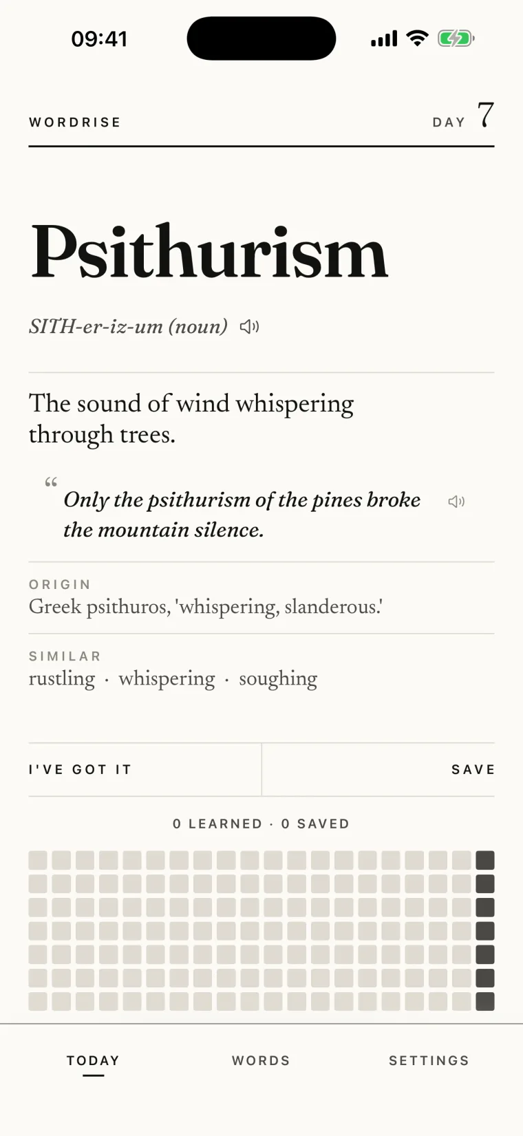 The same WordRise daily page in light appearance, showing the headword Psithurism on a paper ground