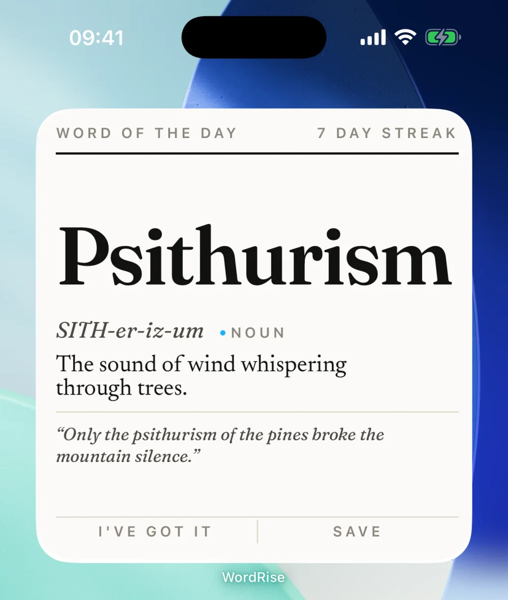 An iPhone home screen with the large WordRise widget in place, carrying the headword, its pronunciation, the full definition, an example sentence and two controls